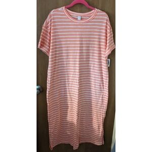 Old Navy Large T-shirt Dress Cotton Salmon White Stripe Short Sleeve Crew Maxi